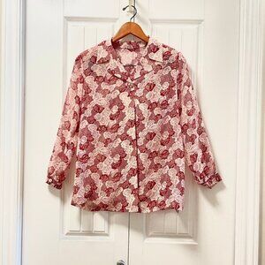 Vintage Sheer Floral Rose Button up Collar Blouse Red & White